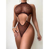 Neck-Hanging Leopard Print See-Through Seductive Metal Chain One-Piece Bodysuit Set Lace Sheer Sexy Lingerie