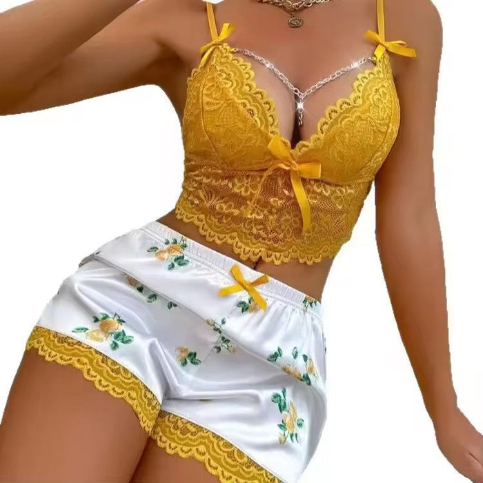 Pajama Sets Women Purple Sexy Lace Cami Top and Grape Print Short Sexy Hot 2pcs Set Summer