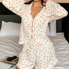 QINSI Women Ruffle Long Sleeved Shirt Shorts Ribbed Pajama Set Knit V Neck Pj 2 Pieces Heart Print Loungewear Woman