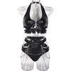 Cut Out Patchwork Mesh Lingerie Set Women Sensual V Neck Sexy Silver Chain Erotic Set PU Leather Hollow out sexy