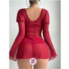 Sexy Lingerie Mesh See-through Floral Bow Ruffled Hem Long Sleeve Camisole Dress.