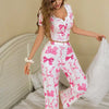 Hot Selling Bow Print Ribbed V-Neck Lace Trim Pajama Set
Women Short Sleeve Loungewear