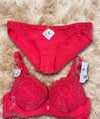 Crafted from a delicate, intricate floral lace pattern that covers the full cups, the wide under-bust band, and the matching panties. The lace is soft to the touch and high-quality.