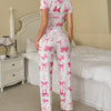 Hot Selling Bow Print Ribbed V-Neck Lace Trim Pajama Set
Women Short Sleeve Loungewear