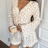 QINSI Women Ruffle Long Sleeved Shirt Shorts Ribbed Pajama Set Knit V Neck Pj 2 Pieces Heart Print Loungewear Woman