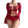 Sexy Lingerie Mesh See-through Floral Bow Ruffled Hem Long Sleeve Camisole Dress.