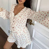 QINSI Women Ruffle Long Sleeved Shirt Shorts Ribbed Pajama Set Knit V Neck Pj 2 Pieces Heart Print Loungewear Woman