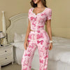 Hot Selling Bow Print Ribbed V-Neck Lace Trim Pajama Set
Women Short Sleeve Loungewear