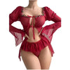 Sexy Lingerie Mesh See-through Floral Bow Ruffled Hem Long Sleeve Camisole Dress.