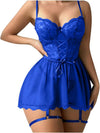 Beautiful Blue Embroidery Garter Lingerie Set